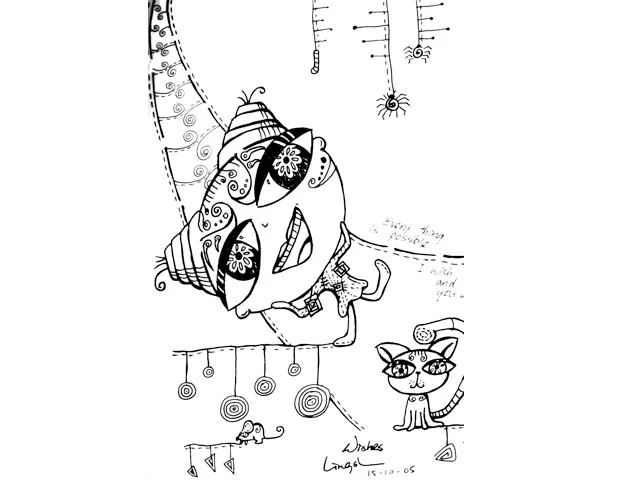 Whimsical hand-drawn character and cat sketches