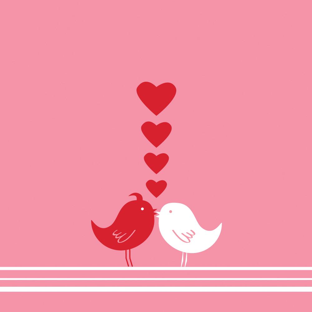 Red and white illustrated love birds on a pink background