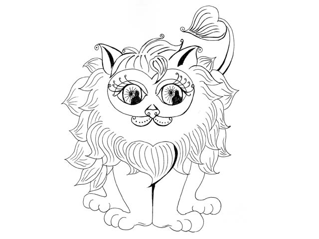 Hand-drawn character sketch of a long-haired cat